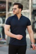 Erkek Hakim Yaka Dokuma Pamuklu Kumaş Kısa Kollu T-shirt resmi